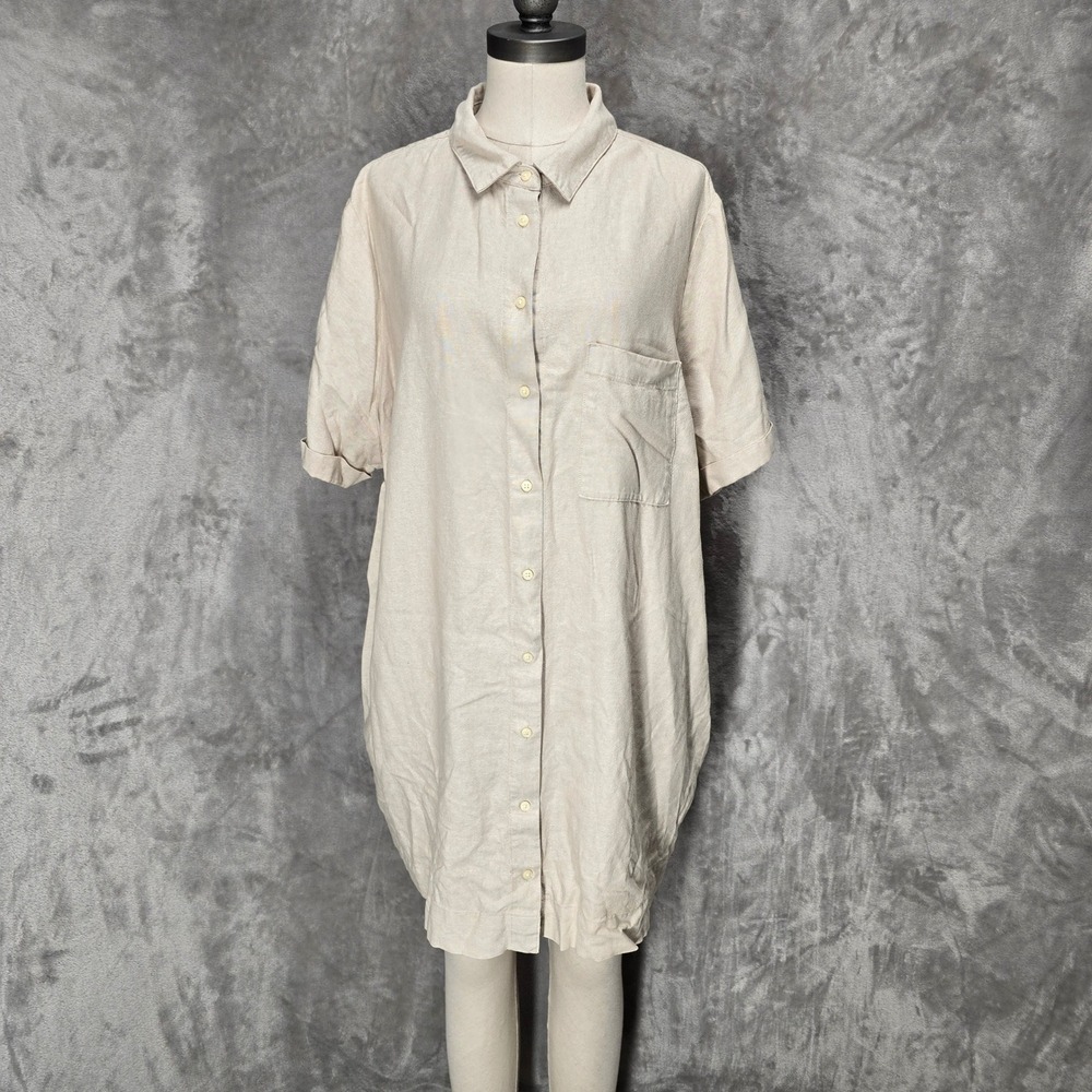 Old Navy Shirt Dress Womens 2X Beige Linen Blend Short Sleeve Button Up Pockets